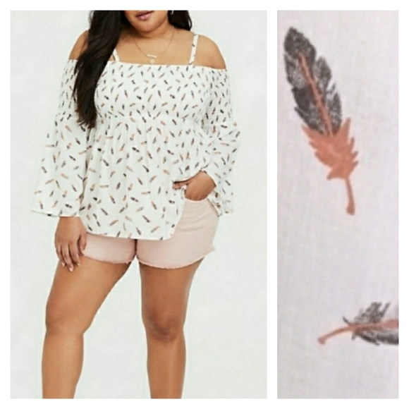 torrid Tops - TORRID Feather Novelty Print Smocked Cold Shoulder Long Sleeve White Top 1X NWT